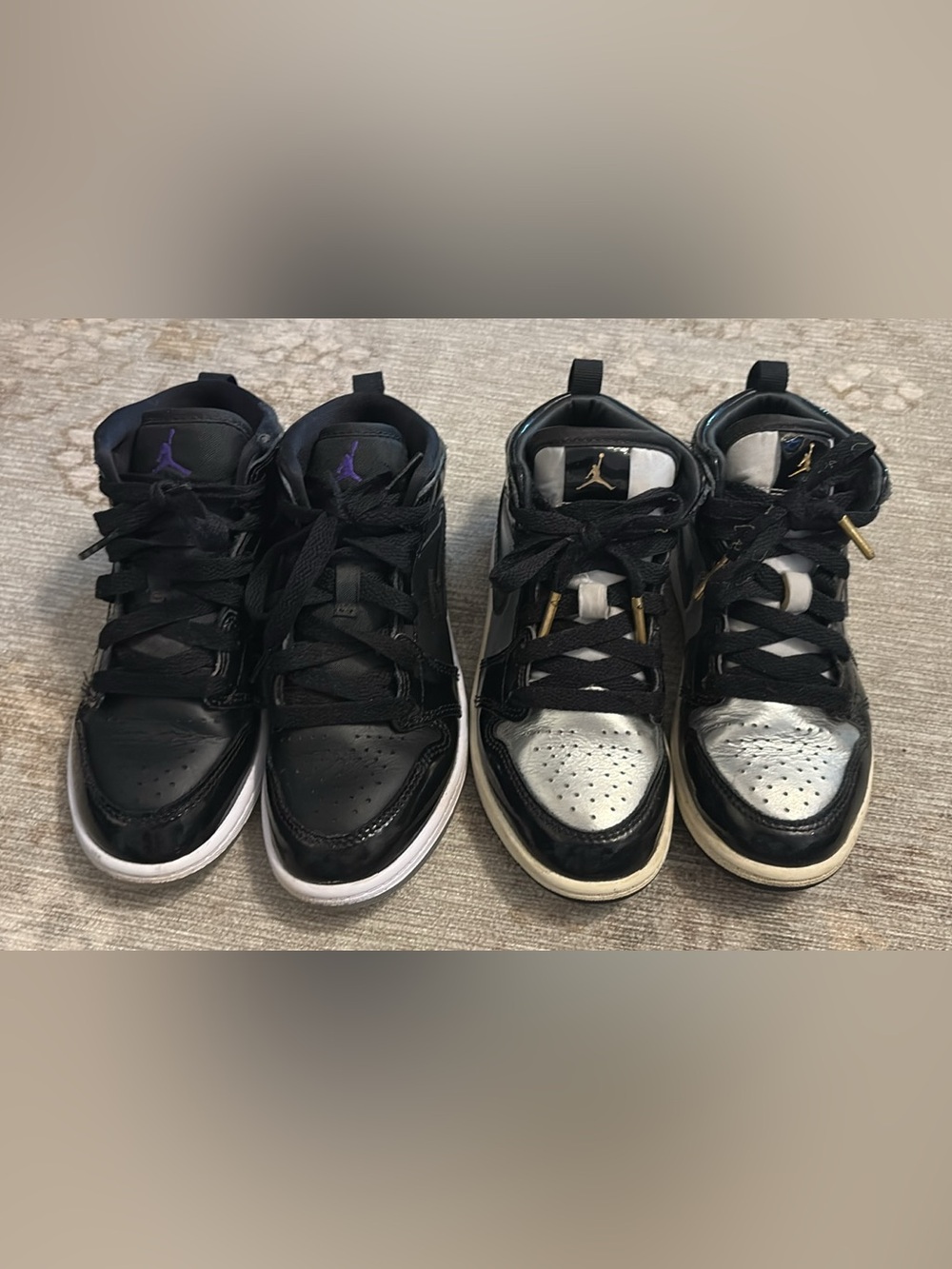 2 pairs of Jordan Kids Low Top Sneakers in Black, Silver and black Purple Accent